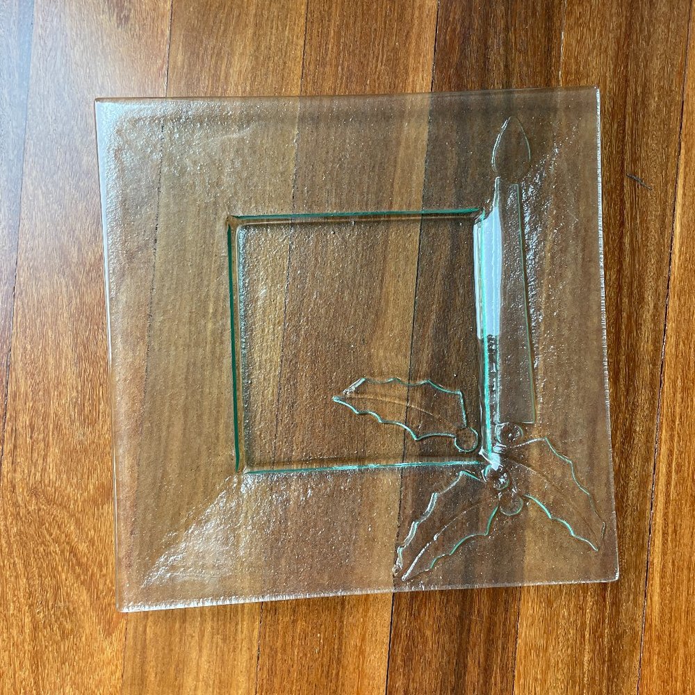 Vintage Square Christmas Glass Serving Platter - Candle & Holly